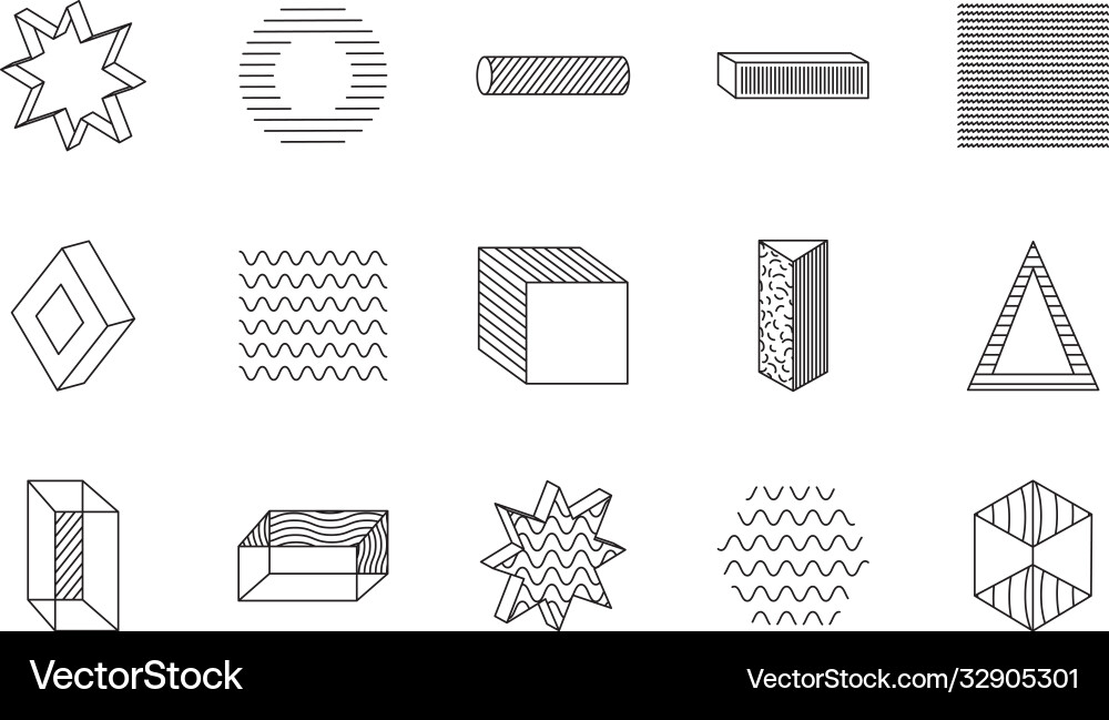 Cube and geometric shapes icon set line style Vector Image