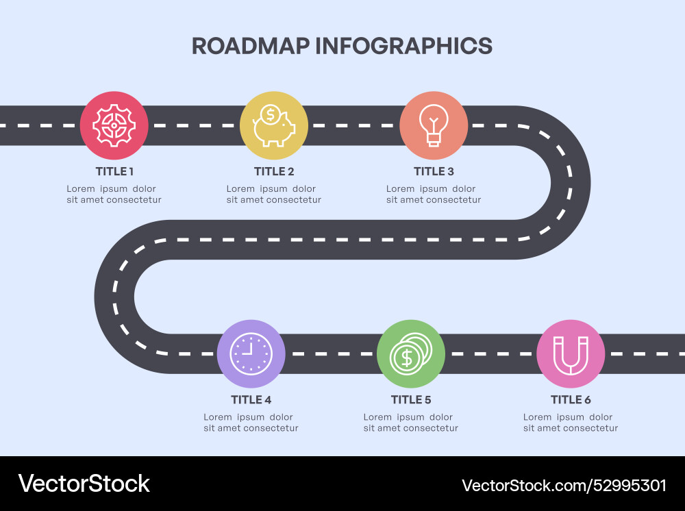 Simple 6-node roadmap infographic with colorful Simple 6-node roadmap infographic with colorful vector image
