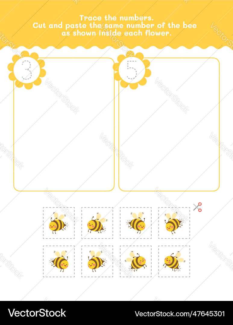 Three and five count tracing number worksheet Three and five count tracing number worksheet Vector Image
