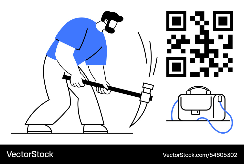 Worker hammering with qr code and briefcase Worker hammering with qr code and briefcase vector image