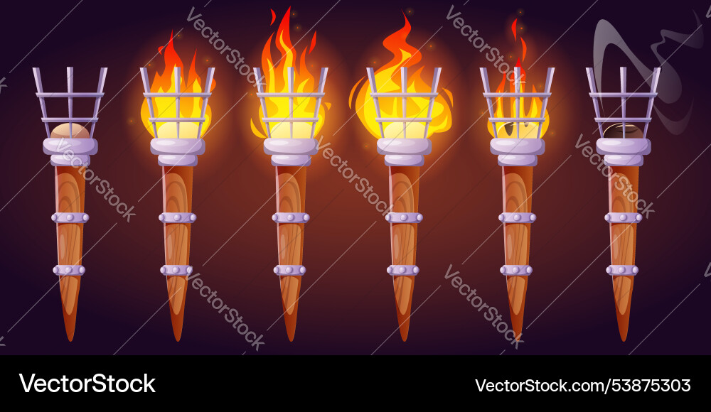 Medieval torch with wooden handle and fire flame Vector Image