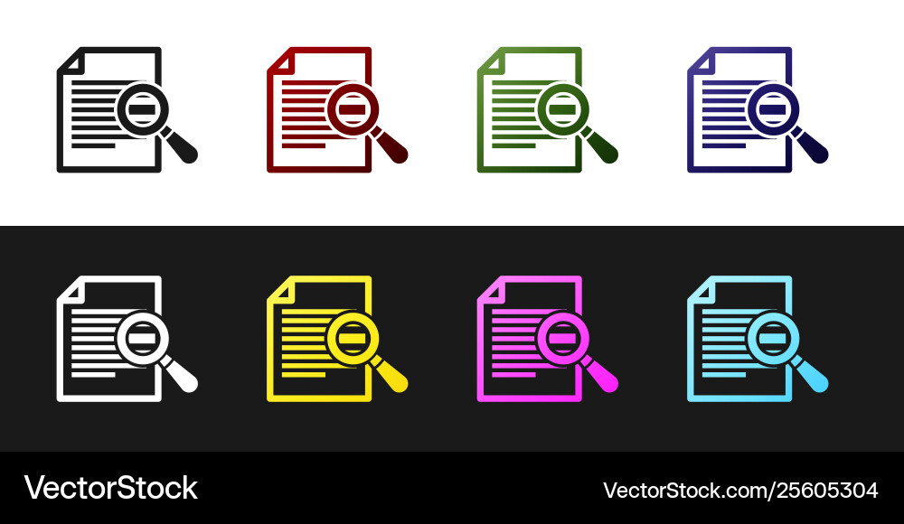 Set document with search icon isolated on black Vector Image