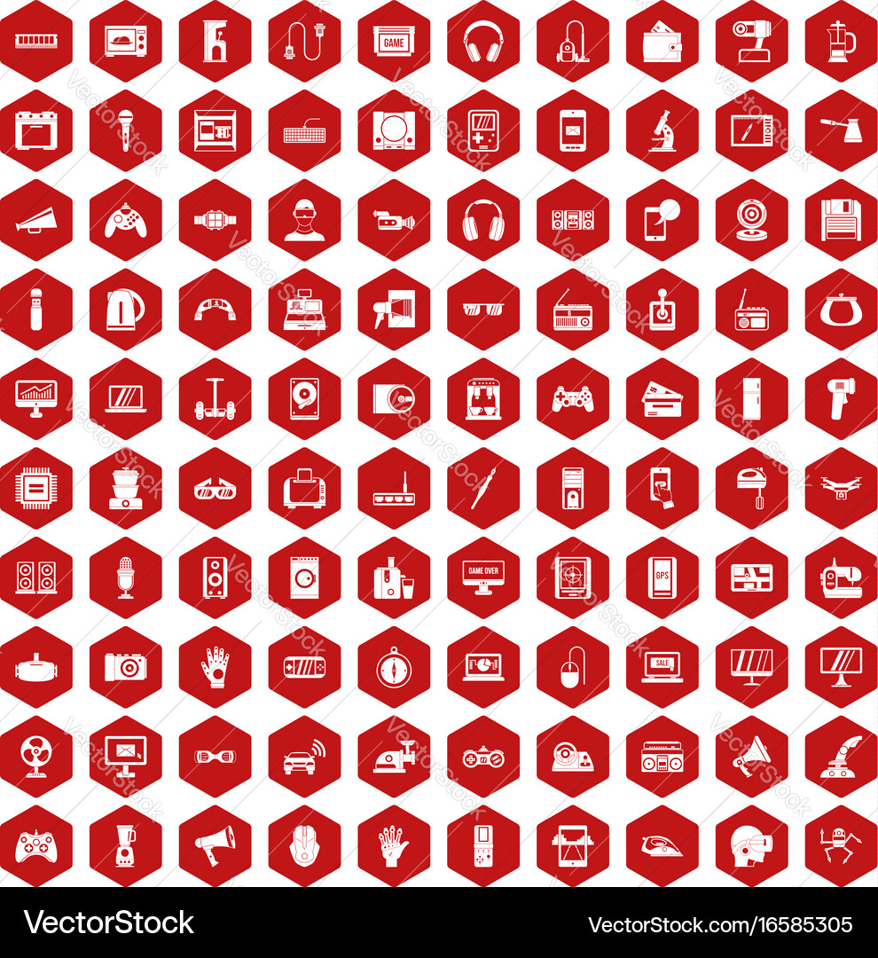 100 device app icons hexagon red Vector Image