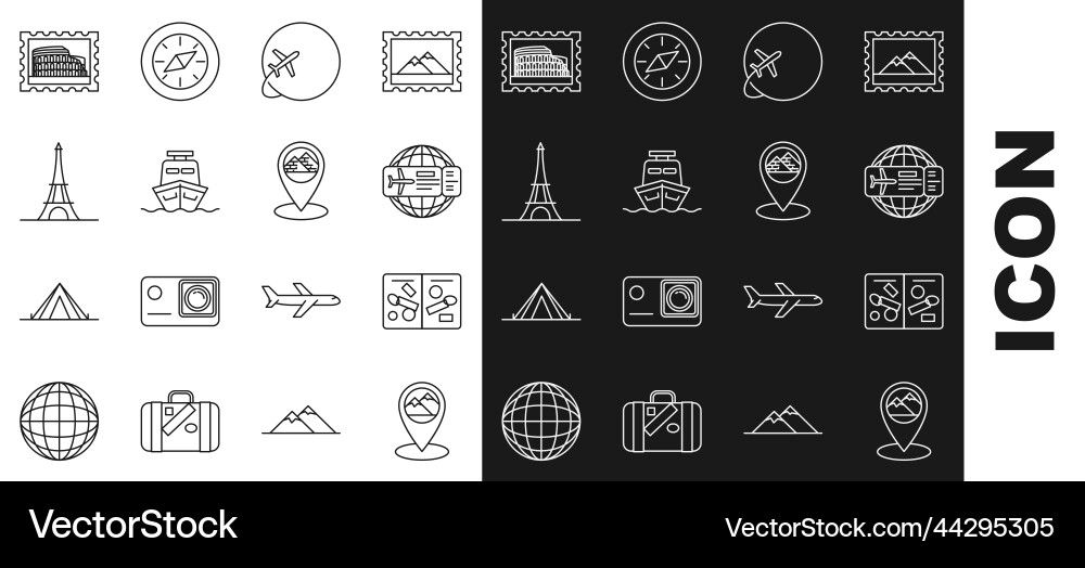 Set line map pointer with mountain passport pages Vector Image