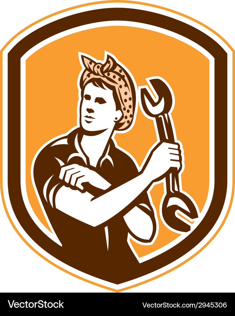 Female mechanic spanner shield retro Vector Image