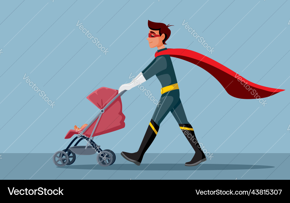 Superhero Vater schiebt ein Baby Kinderwagen Cartoon Superhero Vater schiebt ein Baby Kinderwagen Cartoon vektorbild