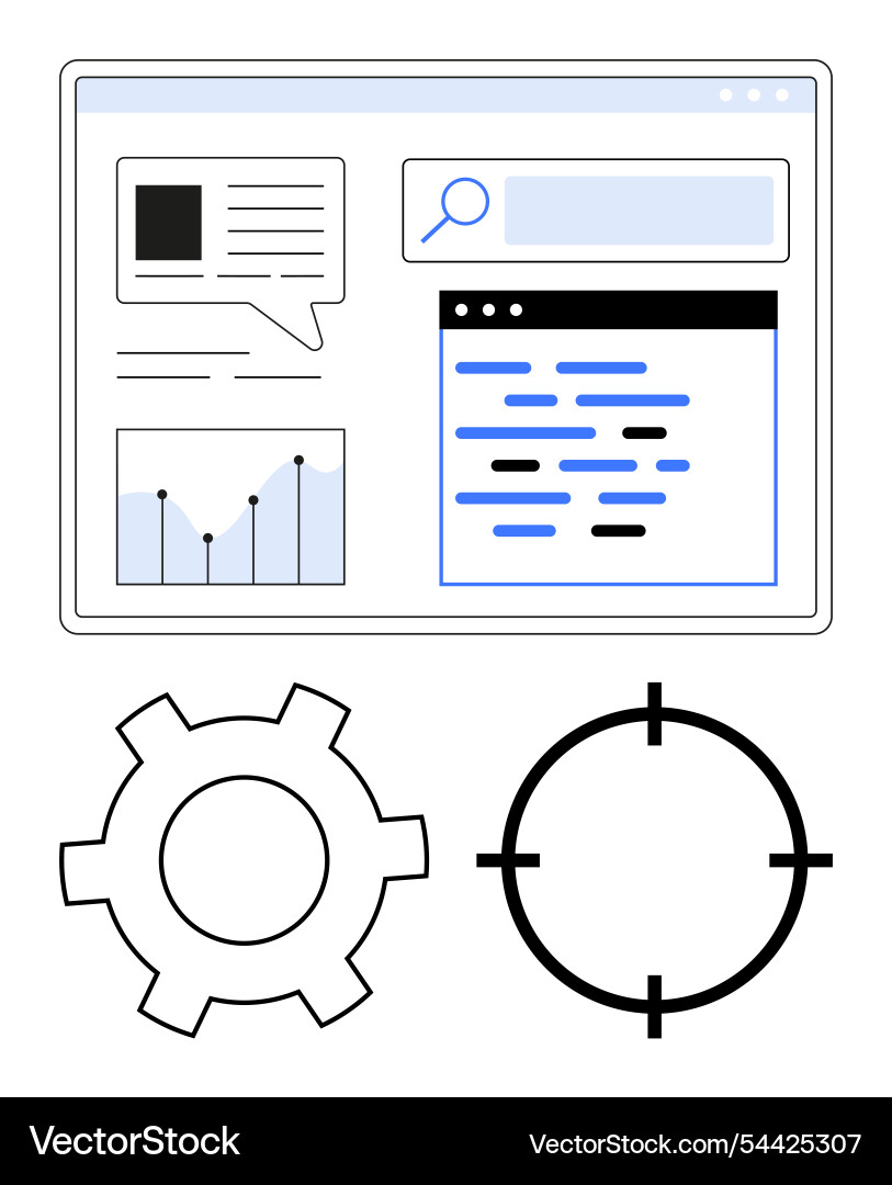 Web page with search bar graph text bubble gear Web page with search bar graph text bubble gear vector image