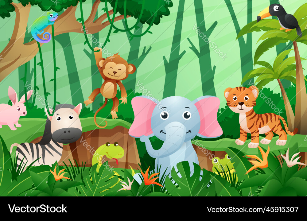 Wildlife animals in jungle scene kids style Wildlife animals in jungle scene kids style vector image