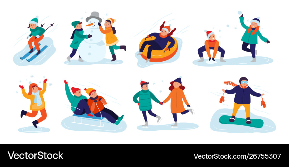 Winter kids activities snow games smiling little Winter kids activities snow games smiling little vector image