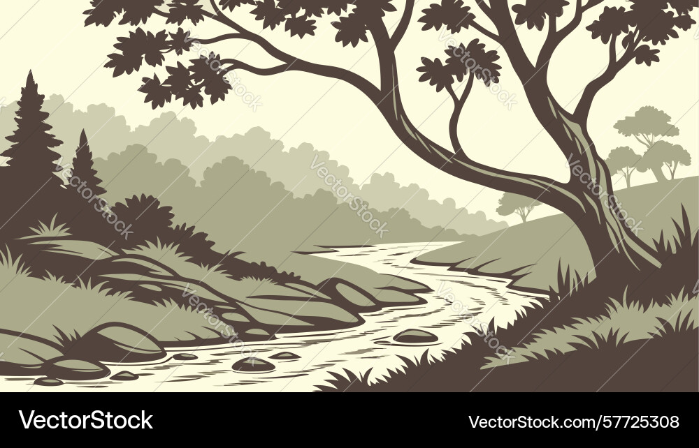 Detailed forest path with flowing stream Vector Image