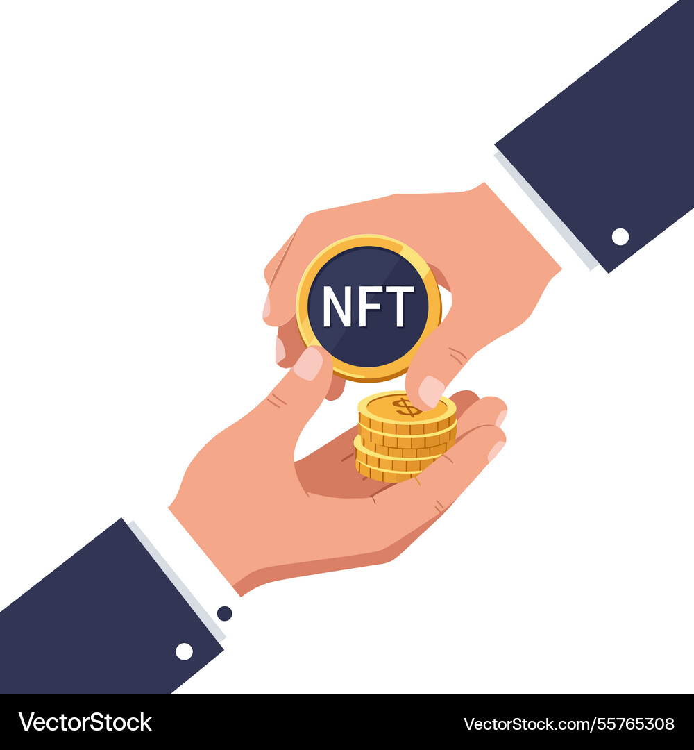 Hands exchanging a digital nft coin with stacks vector image