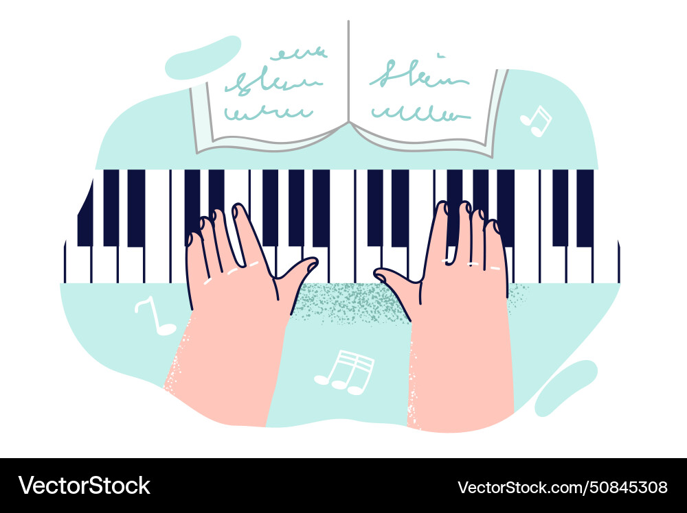 Hands of composer playing piano and learning notes Hands of composer playing piano and learning notes Vector Image