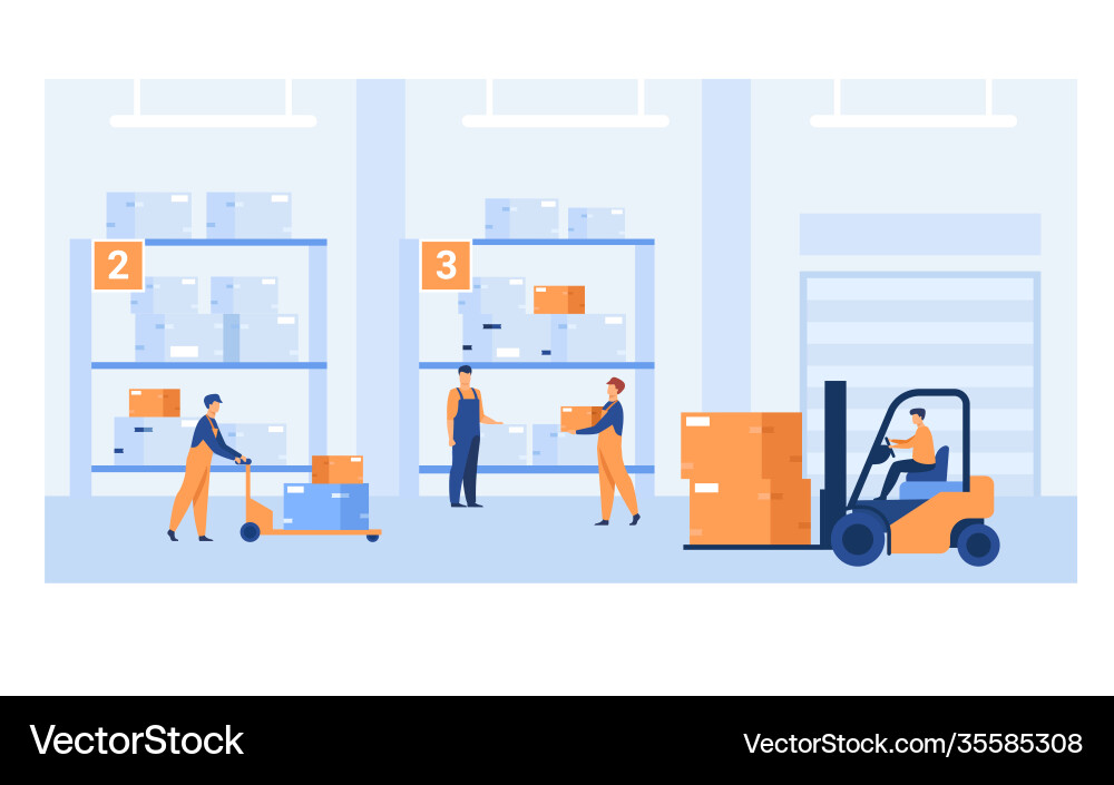 Logistic workers carrying boxes with loaders Logistic workers carrying boxes with loaders Vector Image