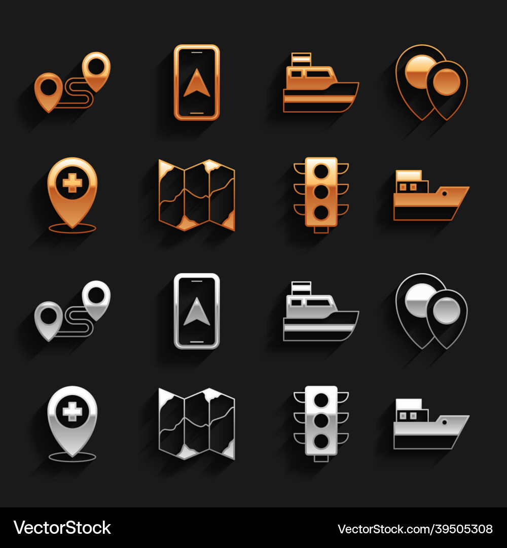 Set folded map location ship line path traffic vector image