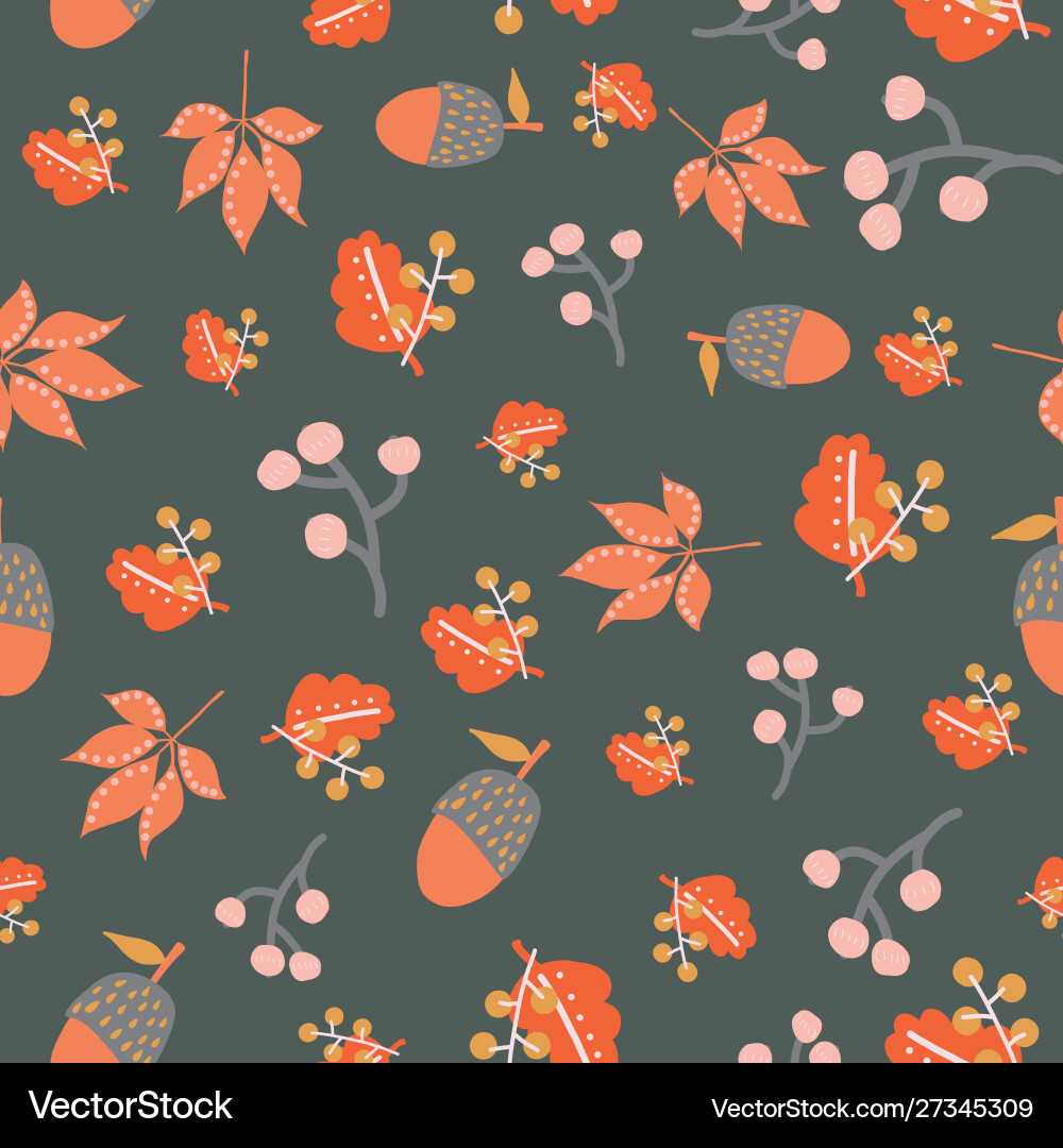 Autumn Leaves & Berries Seamless Pattern Vector Image