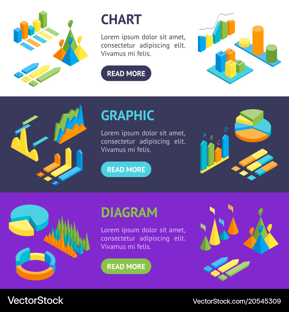 Charts and graphs banner horizontal set 3d vector image