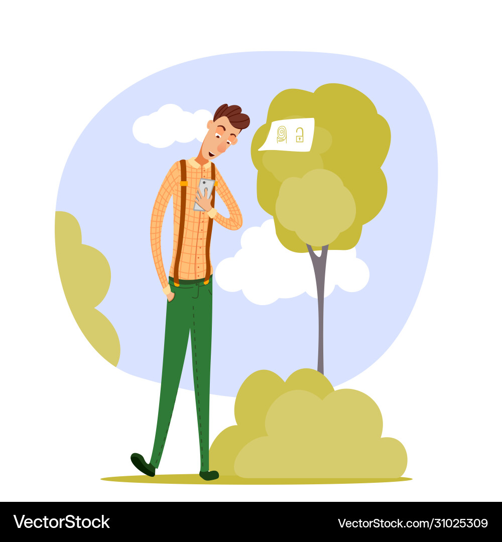 Man with smartphone open access via fingerprint Man with smartphone open access via fingerprint Vector Image