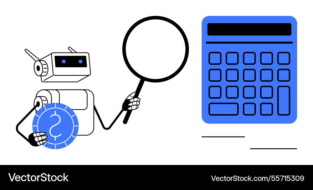 Robot analyzing calculations with magnifying glass Robot analyzing calculations with magnifying glass vector image
