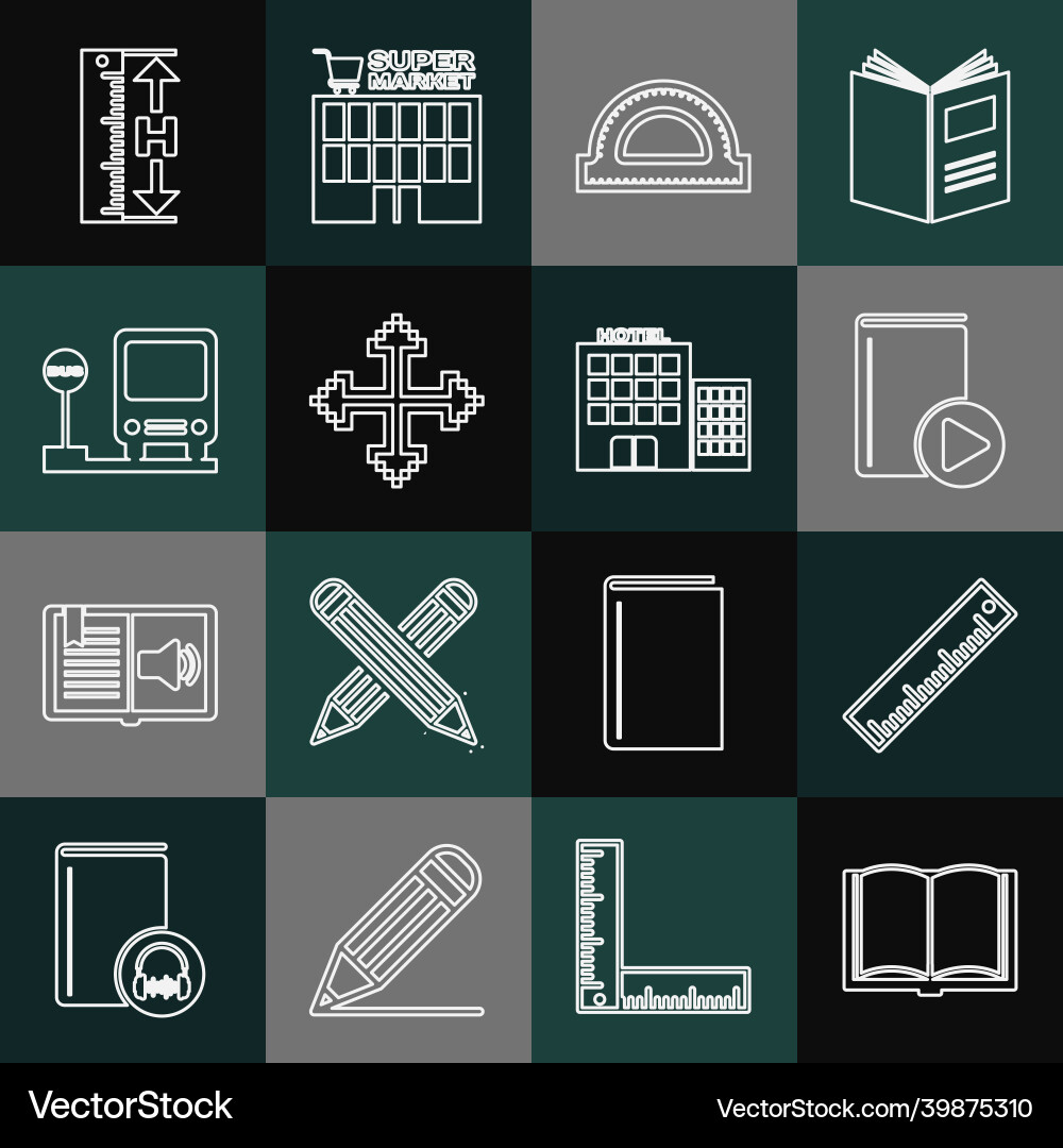 Set line open book ruler audio protractor grid Set line open book ruler audio protractor grid Vector Image