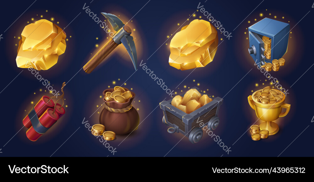 Gold mining game props collection on background vector image