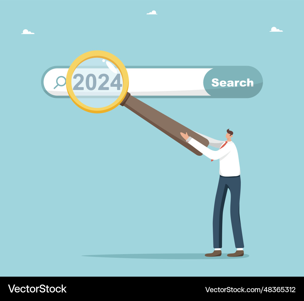 Man with magnifying glass shows 2024 on search bar Vector Image