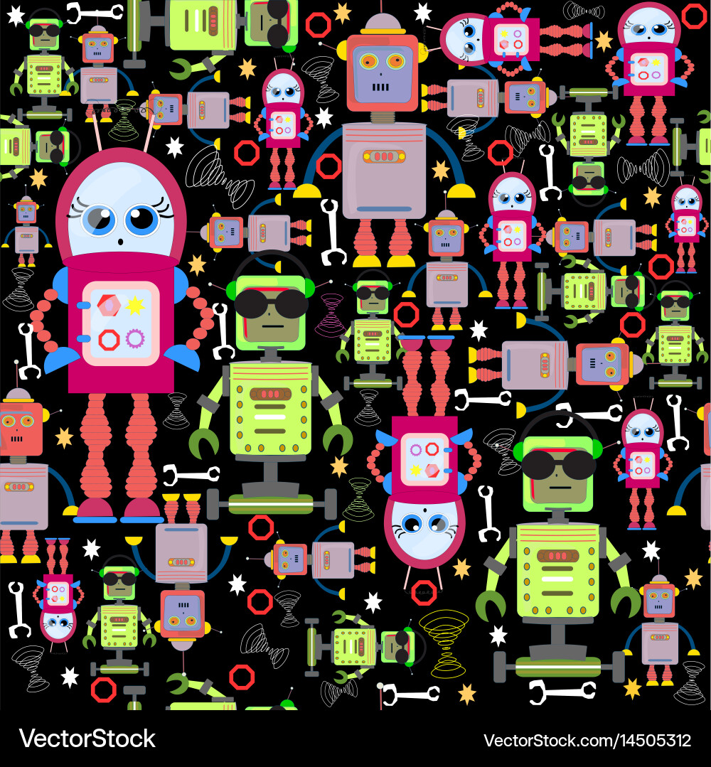 Seamless background funny colorful robots Vector Image