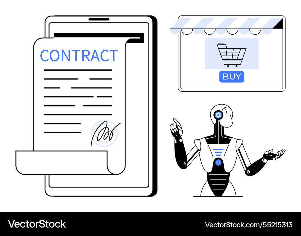 Digital contract signing with robot assistant Digital contract signing with robot assistant vector image