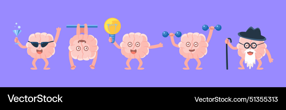 Humanized brain character with various action Humanized brain character with various action vector image
