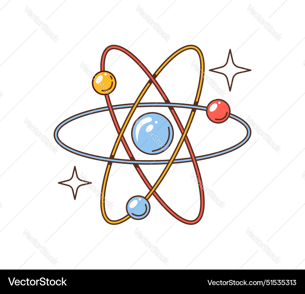 Retro groovy atom with electrons orbiting around Vector Image