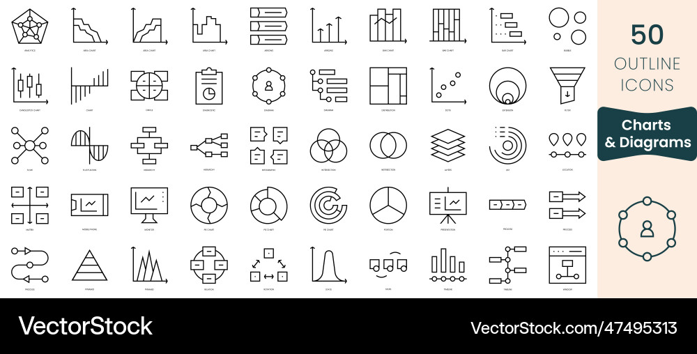 Set of charts and diagrams icons thin linear Set of charts and diagrams icons thin linear Vector Image