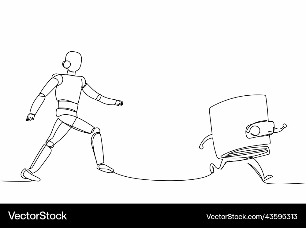 Single continuous line drawing robot run chasing Vector Image