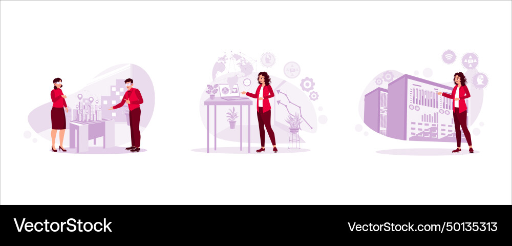 Two architects are working with 3d models using Vector Image