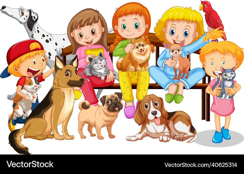 Kinder mit Hunden und Katzen auf weiß Kinder mit Hunden und Katzen auf weiß vektorbild