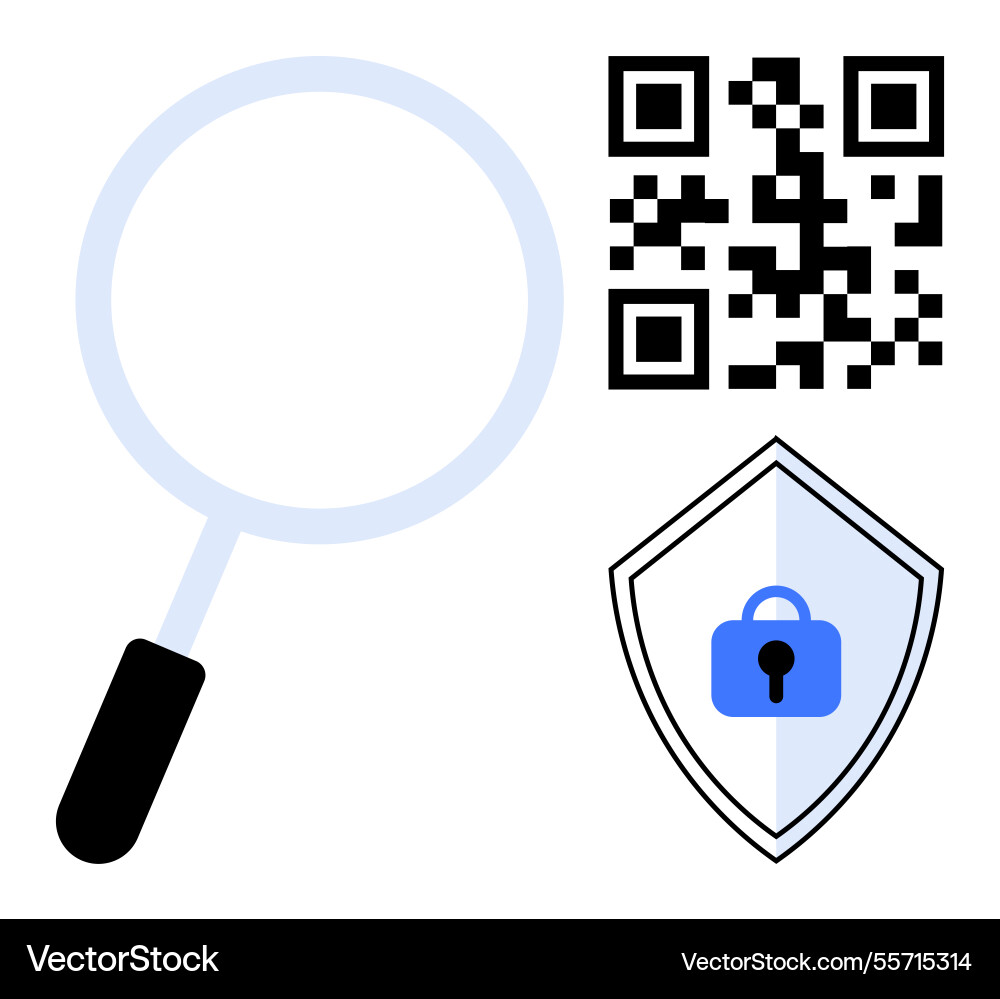 Magnifying glass qr code and security shield Magnifying glass qr code and security shield vector image