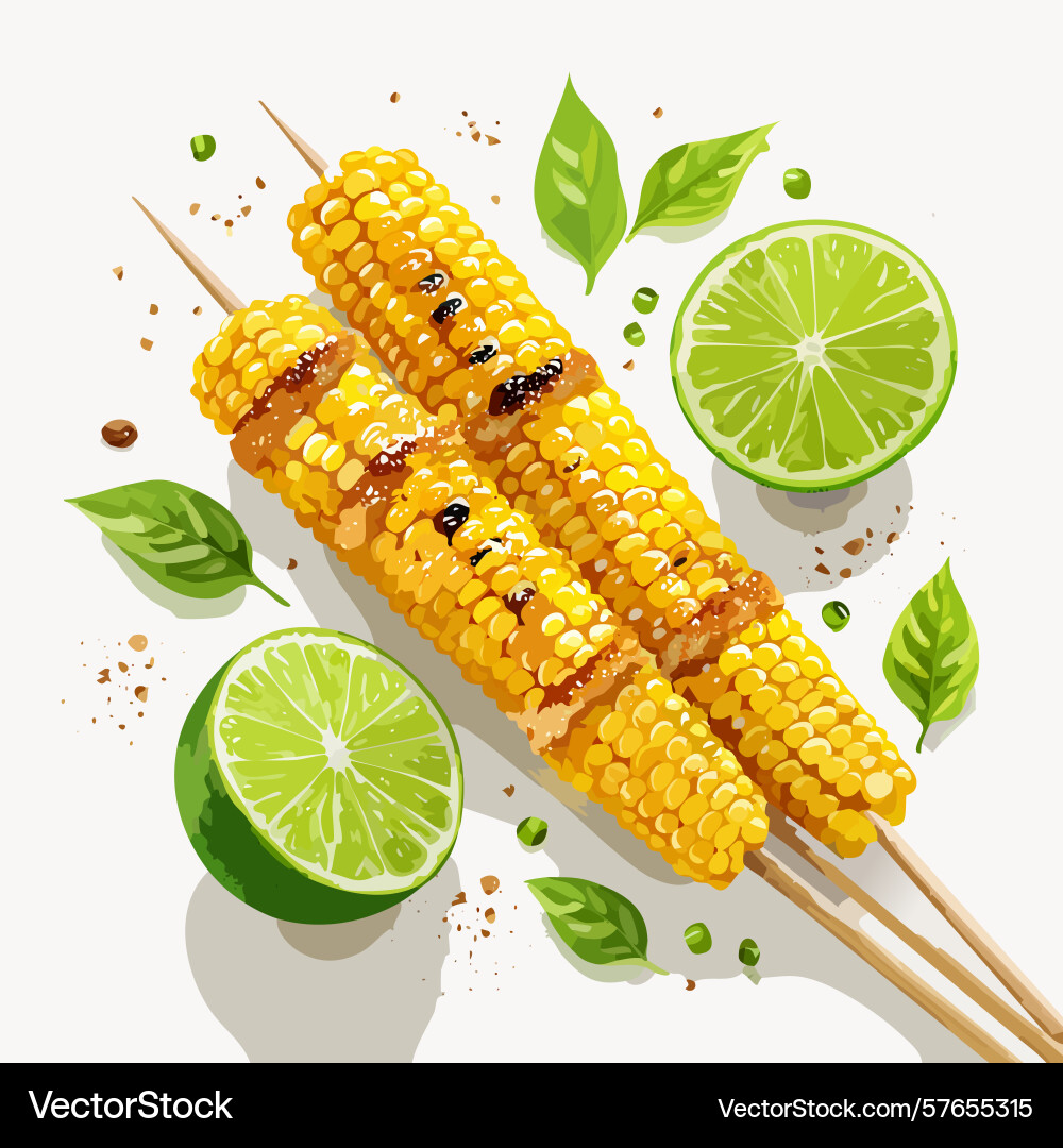 Grilled corn on skewers with lime slices Grilled corn on skewers with lime slices Vector Image
