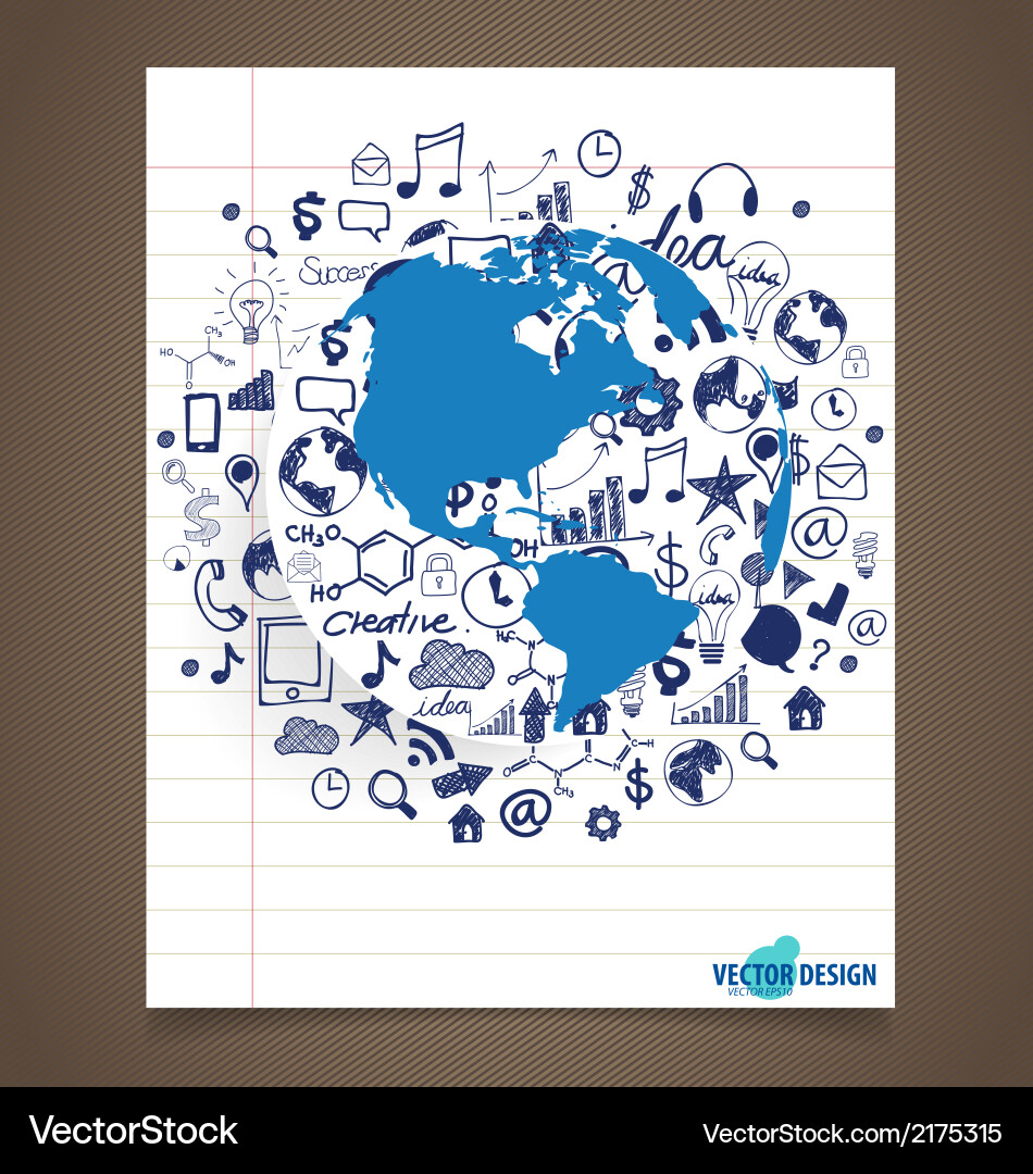 Modern world globe with application icon on note Vector Image