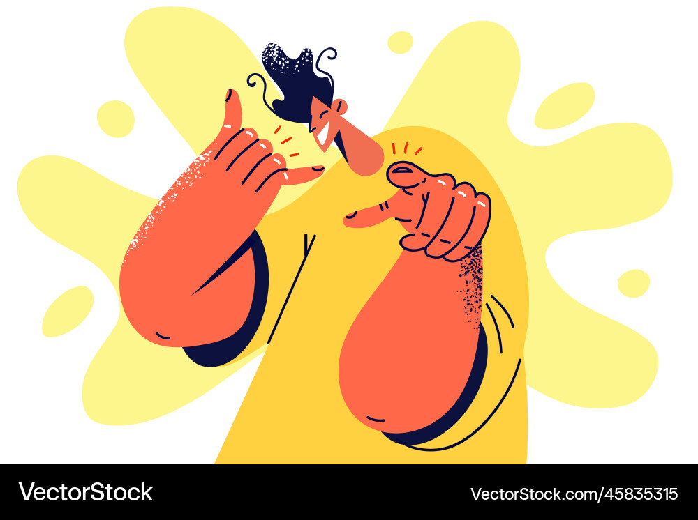 Smiling man with call me gesture point at screen Smiling man with call me gesture point at screen Vector Image