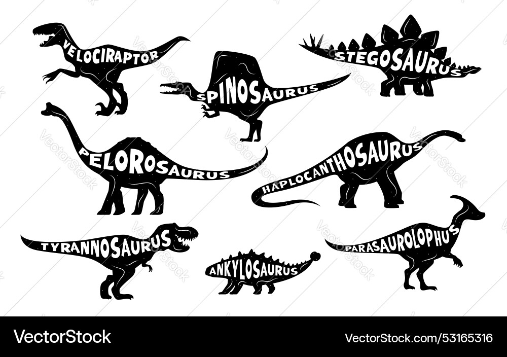 Dinosaurs silhouettes with lettering of dino names Dinosaurs silhouettes with lettering of dino names vector image