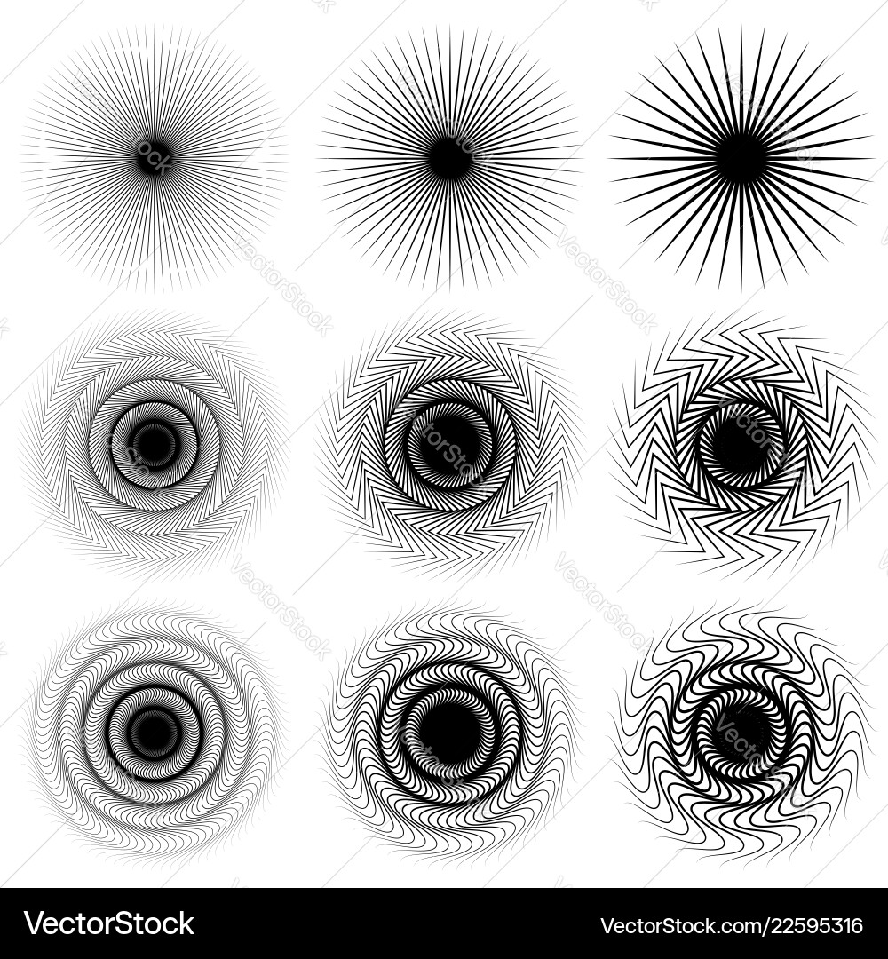 Set of 9 different elements with radial lines Vector Image
