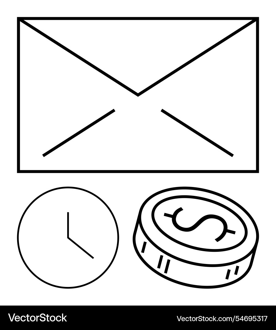 Email envelope clock and coin representing Email envelope clock and coin representing vector image