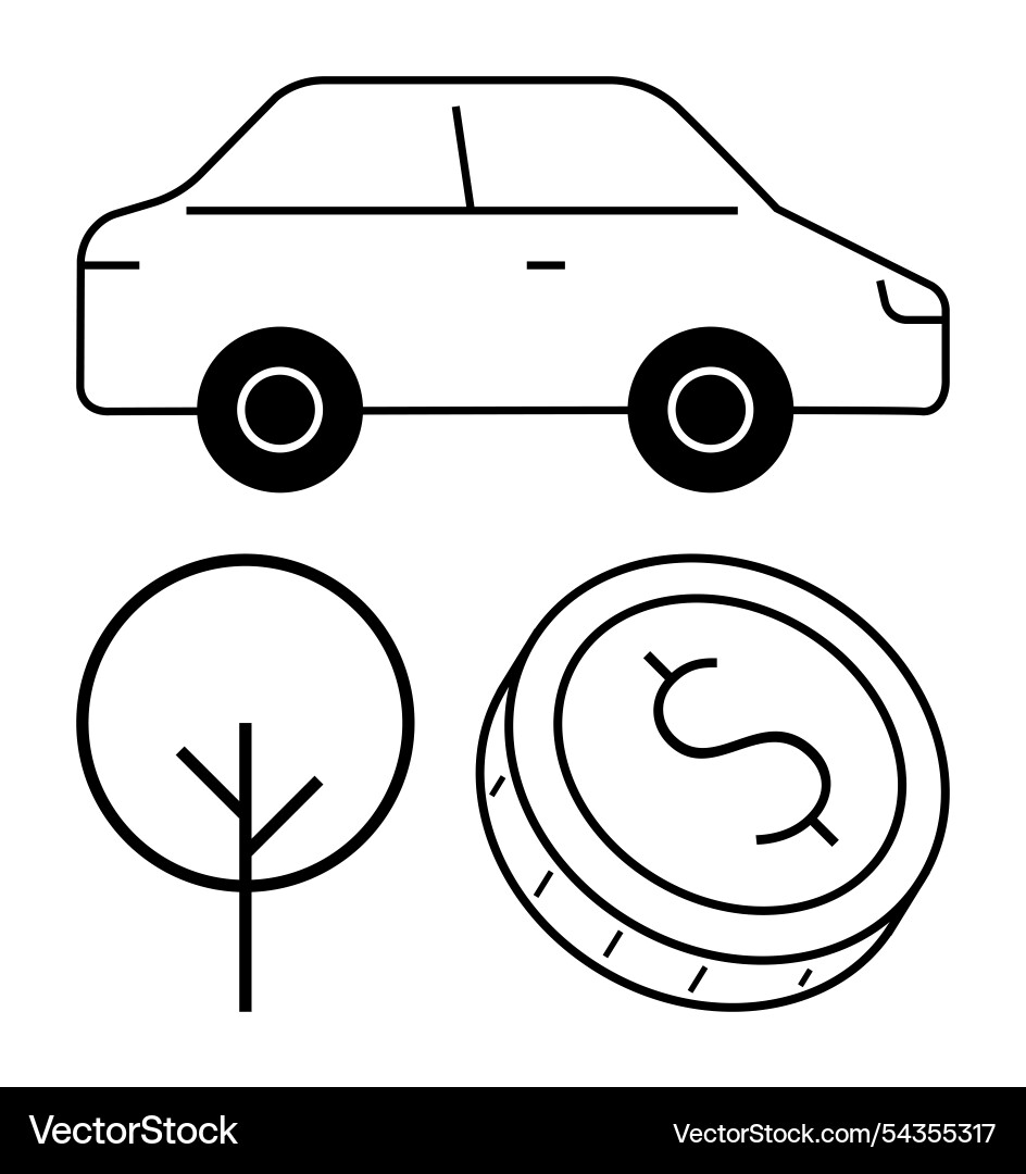 Minimalistic icons of a car tree and coin Vector Image