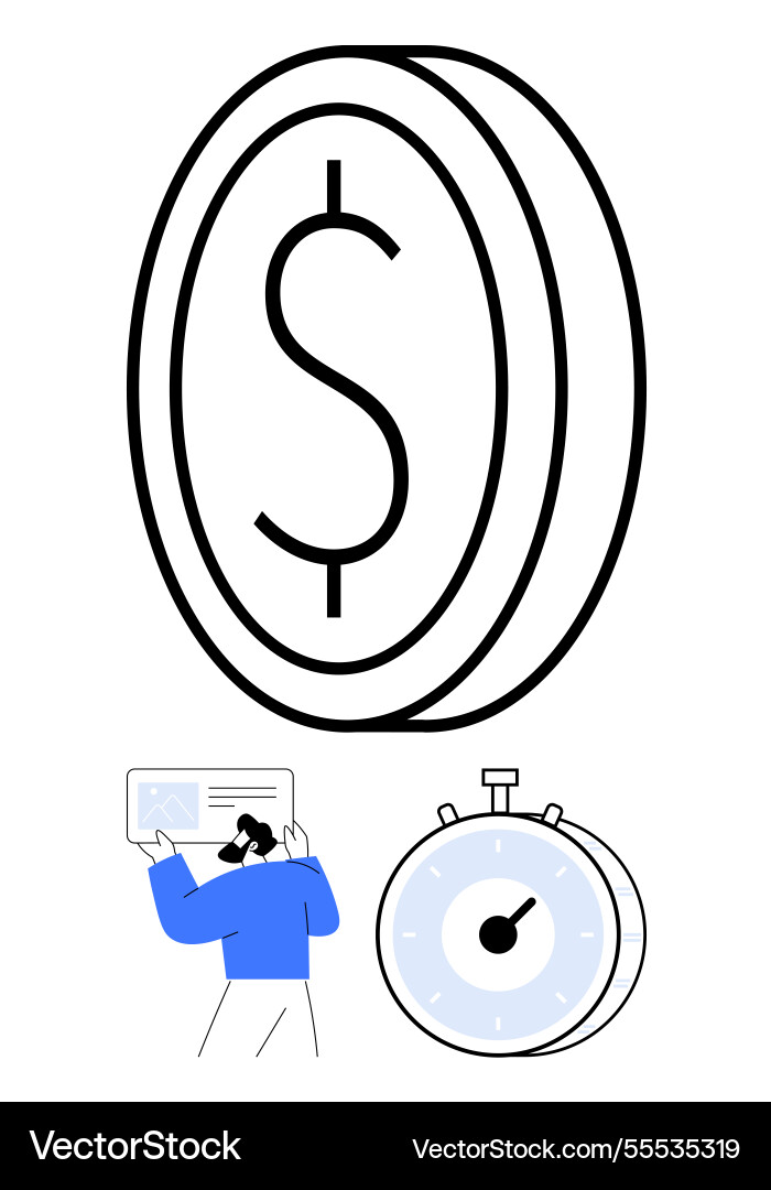 Dollar coin clock and person analyzing data Vector Image