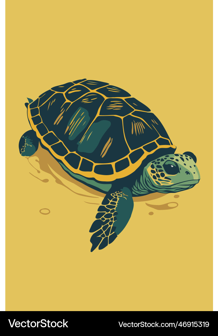Turtle on a yellow background in retro style Vector Image