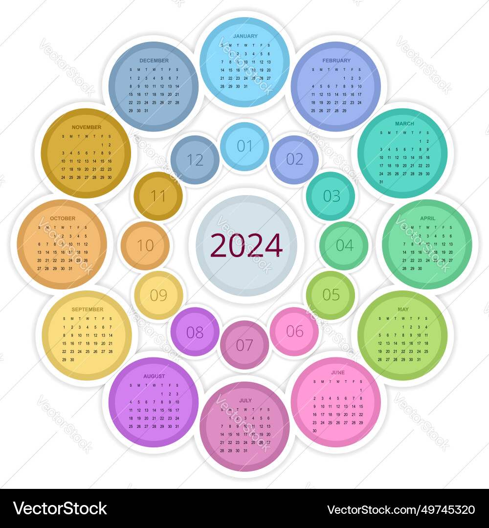 Colorful round calendar 2024 portrait Colorful round calendar 2024 portrait vector image