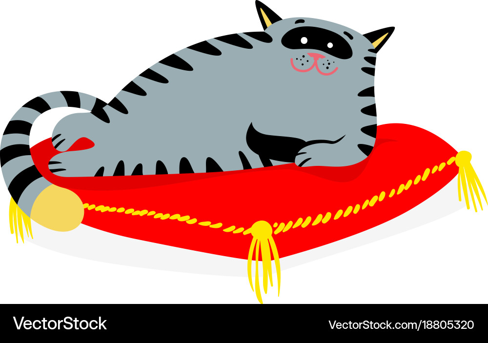 Cute smiling cat lying on the red pillow lazy vector image