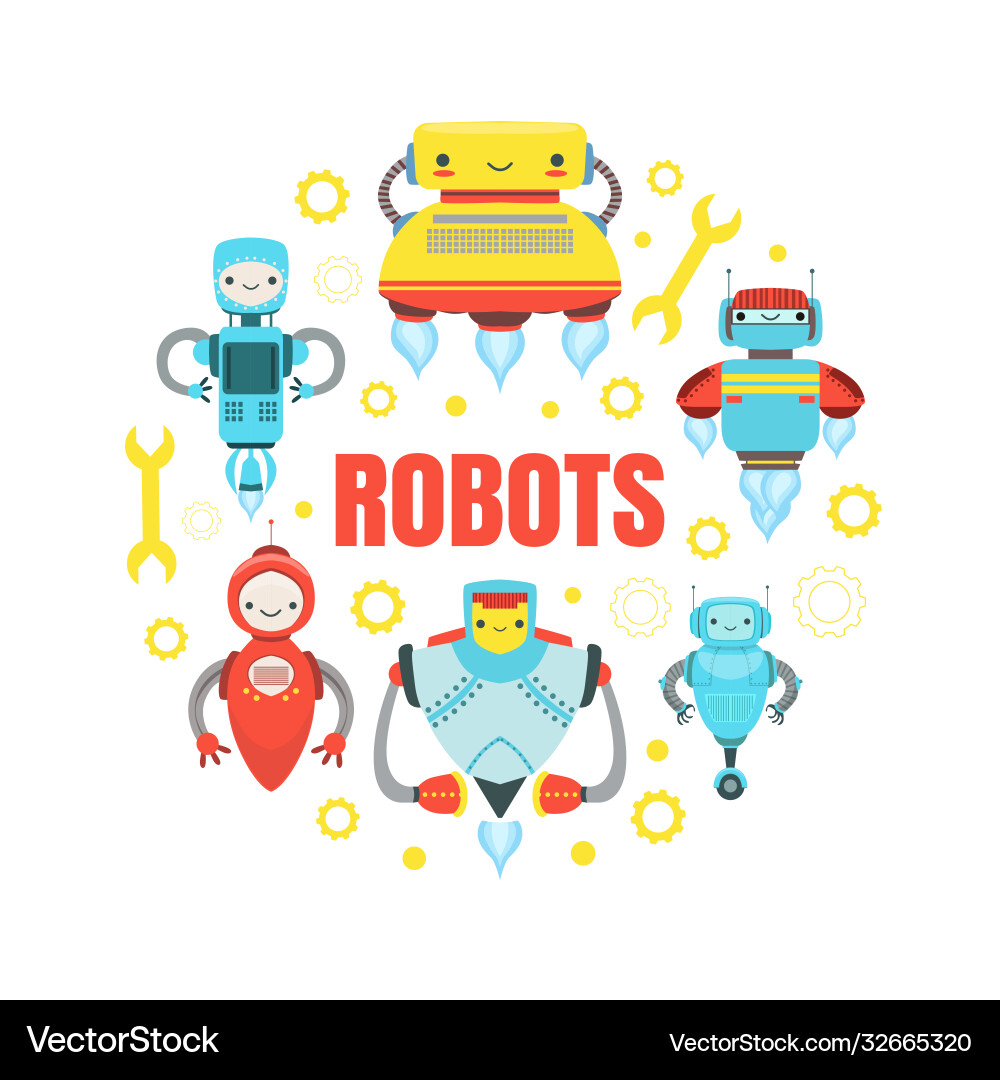 Robots banner template with cute friendly android Robots banner template with cute friendly android Vector Image