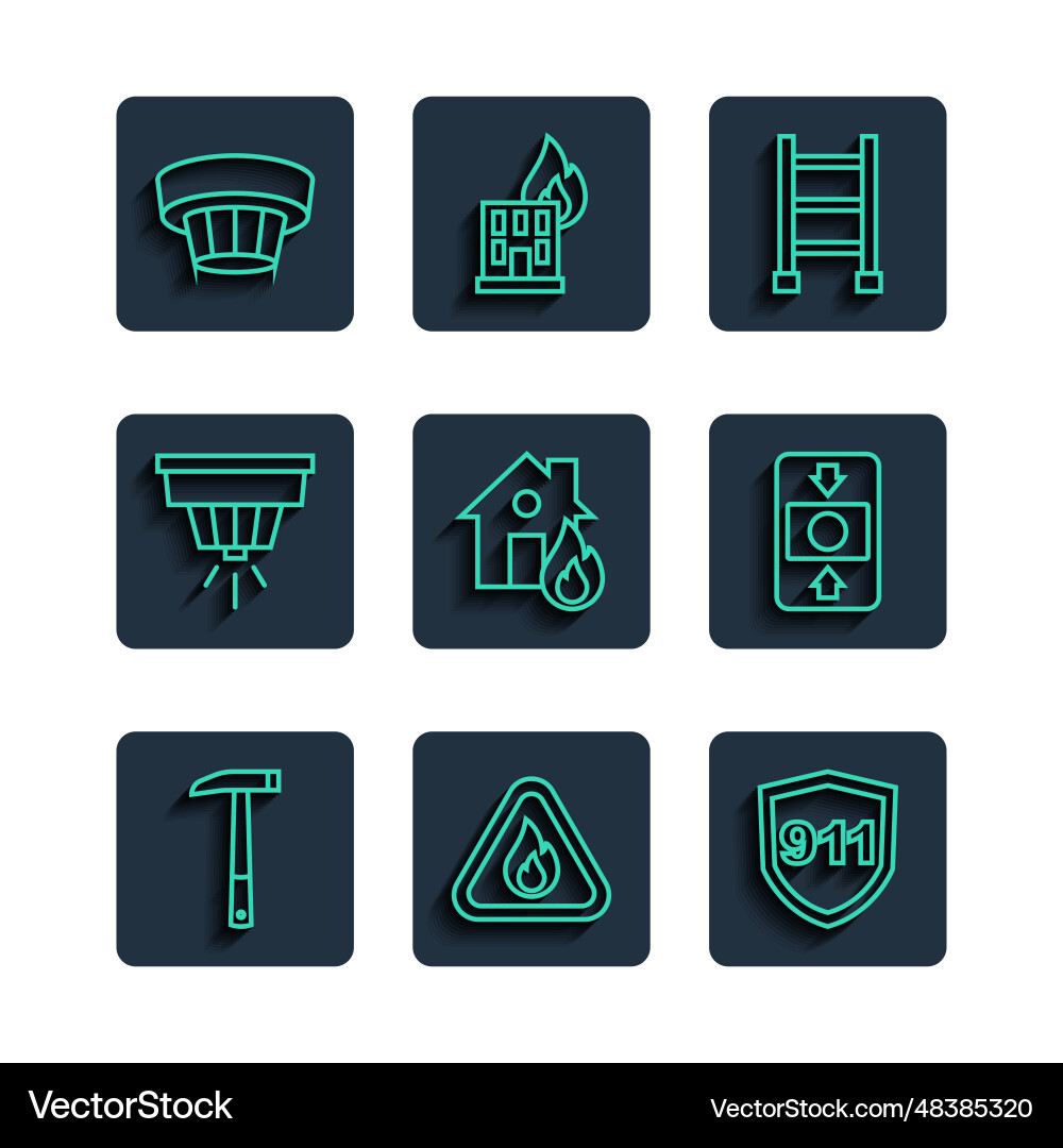 Set line firefighter axe flame in triangle Set line firefighter axe flame in triangle Vector Image