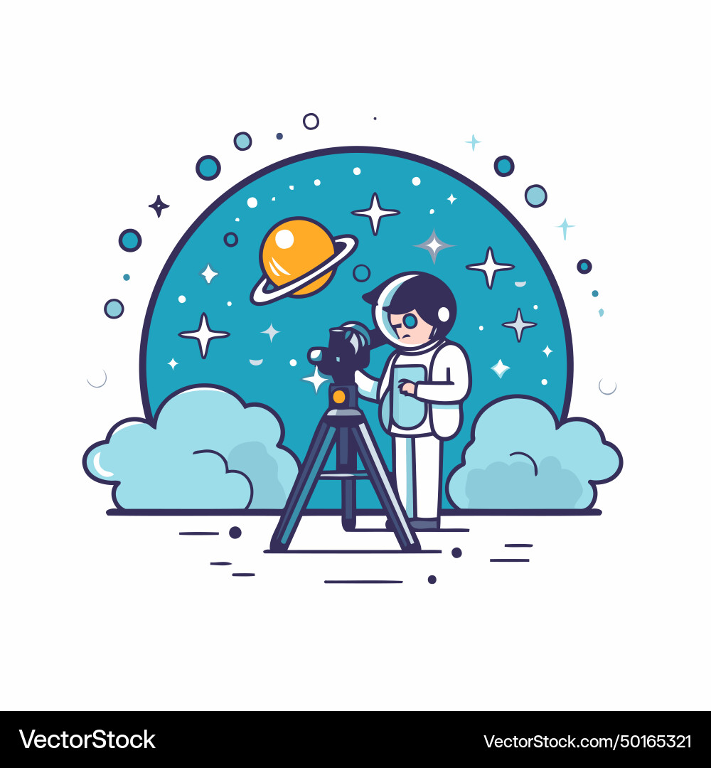 Astronaut with telescope in flat linear style Vector Image