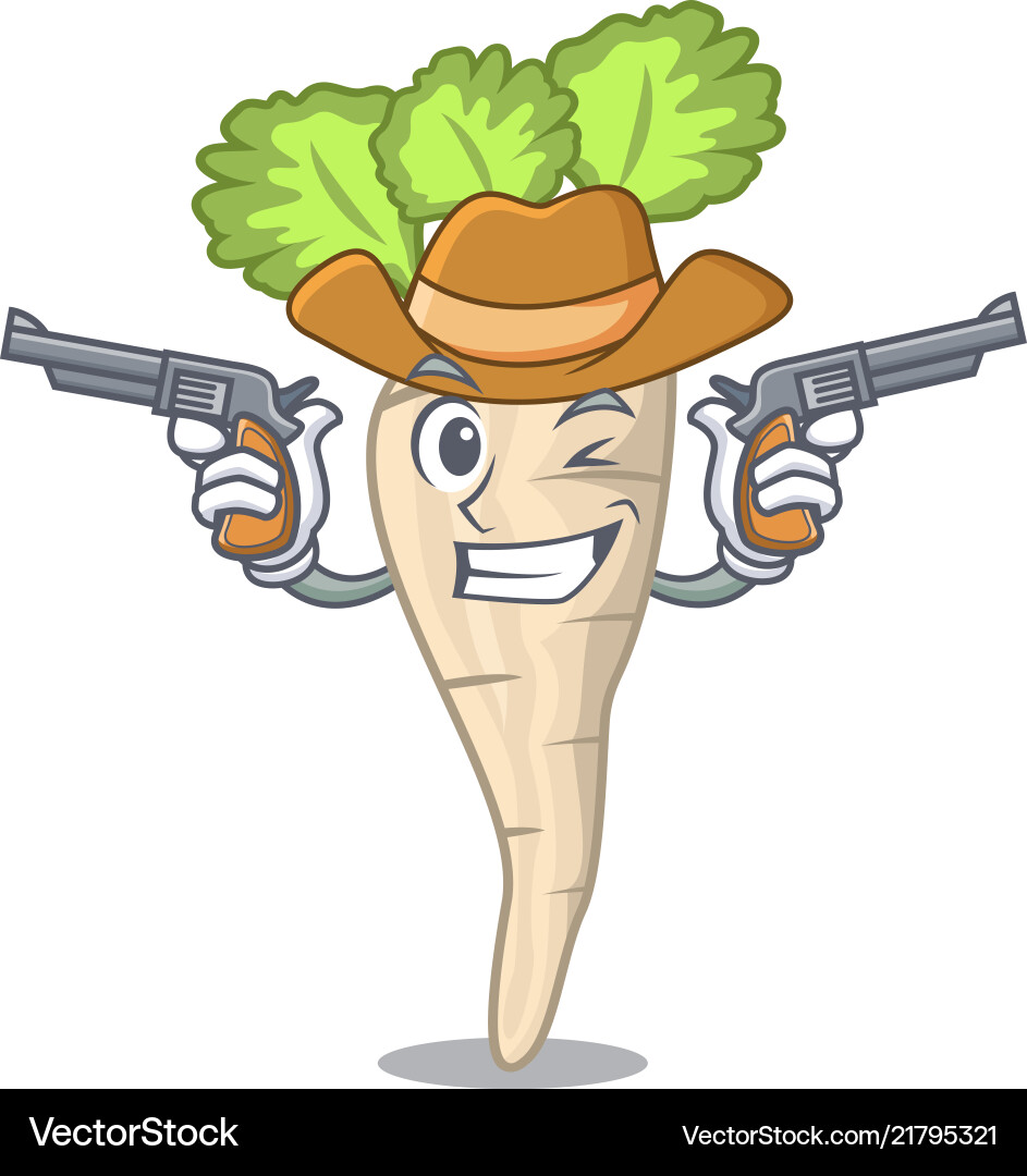 Cowboy character parsnip root with leaf cartoon Cowboy character parsnip root with leaf cartoon Vector Image