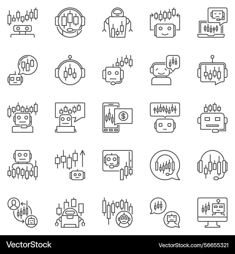 Trading bots outline icons set - algorithmic Trading bots outline icons set - algorithmic vector image